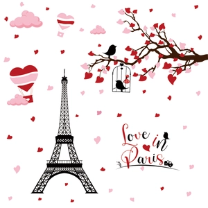 Romantic Love in Paris wall stickers with Eiffel Tower heart balloons and tree branches