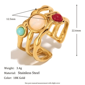 18K gold plated stainless steel open ring with three colorful zircon beads for women
