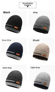 Detail view of ribbed knit beanies in six colors with leather logo patch and contrast trim