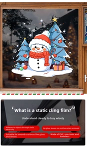 Detailed view of Christmas snowman static cling film showing PVC material and easy application