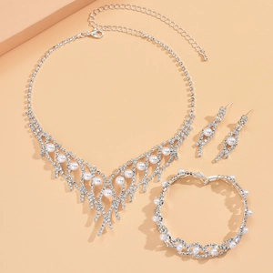 Luxe Legering Strass Kunstparel Bruiloft Sieraden Halsketting Oorbellen En Armband Voor Bruidsfeest Banket Vrouwen Accessoires