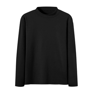 Detailed close-up of a men's black long sleeve t-shirt with a mock neck collar design