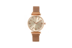 Elegant rose gold lady's quartz watch with Roman numerals and magnetic mesh steel band