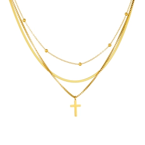 Double-layered gold-plated stainless steel necklace with a cross pendant on a white background
