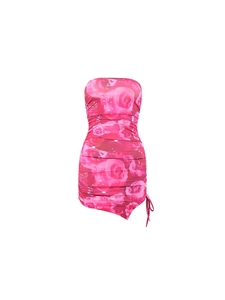 Sexy pink floral print tube dress with bodycon ruching and adjustable side drawstring detail