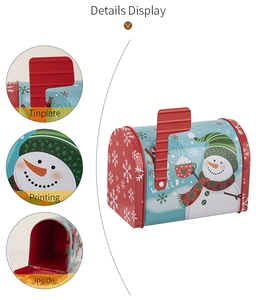 Détails d'une boîte cadeau boîte aux lettres en fer blanc avec bonhomme de neige bleu clair