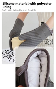 Detailed view of silicone oven mitt with anti-slip stripes and thick polyester lining