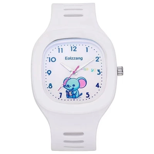 Cute kids white silicone watch featuring a round blue cartoon elephant dial with numbers