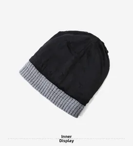 Detail view of the warm fleece lining and thick knit texture of the men's winter beanie