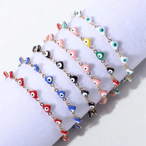 Bracelet Charme Coeur Œil Maléfique Acier Inoxydable Émail Plaqué Or Ajustable Pour Femme