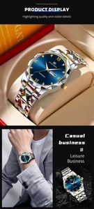 Detail of quartz men's watch featuring a blue sunray dial and dual calendar display