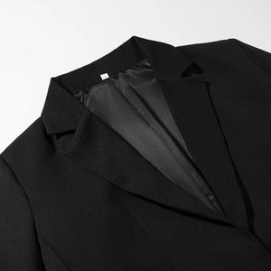 Dettaglio blazer nero con risvolto classico, fodera interna liscia e trama del tessuto
