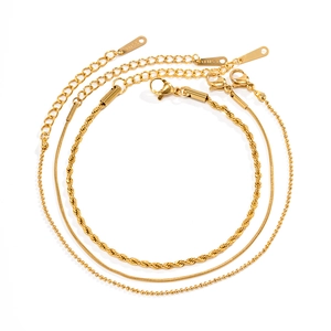 Gold stainless steel 3-piece chain bracelet set featuring rope, snake, and bead styles