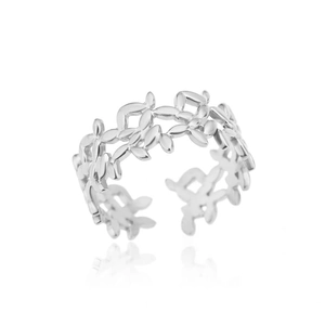 Detailed macro view of the vine leaf patterns on this open adjustable steel ring