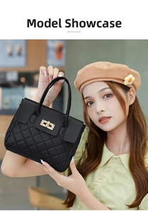 Chic quilted black handbag with gold twist lock shown by model in lifestyle setting