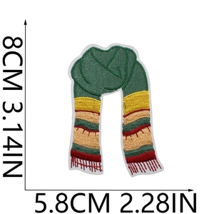 Detailed view of striped scarf embroidery patch with dimensions 8cm by 5.8cm on white background