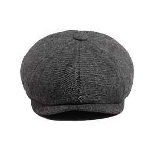 Classic grey newsboy cap in wool blend herringbone fabric for men and women