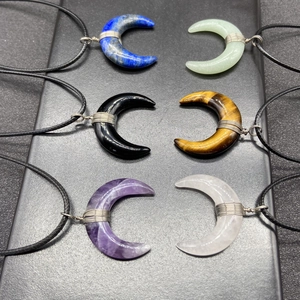 Set of six moon shaped natural stone necklaces with wire wrapped amethyst and lapis lazuli