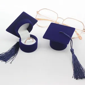 Blue doctoral cap velvet ring box with tassel for graduation wedding gift packaging
