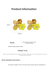 Detail of yellow crystal flower stud earrings showing size dimensions and 8.4g weight
