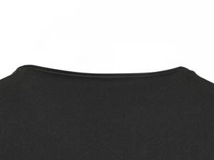 Detail view of high-quality black fabric texture and neat stitching on dress neckline