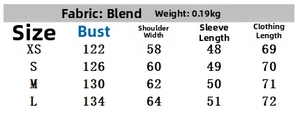 Detailed size guide table for women's cotton linen shirt with rolling sleeves