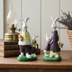 Vintage resin rabbit family figurines for home decor and desktop ornament set