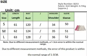 Size chart for women cable knit sweater showing measurements for S M and L sizes