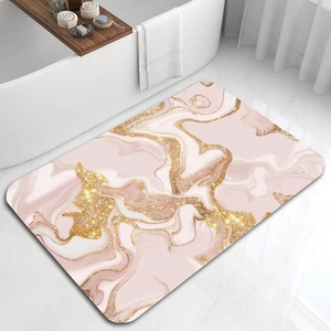 Detail of pink marble bath mat with golden glitter veins in a modern bathroom setup