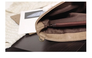 Detail shot of the brown PU tote bag interior with a zipper pocket and a metal D-ring attachment