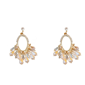 Elegant gold oval earrings with clear rhinestones and faux crystal pearl tassels