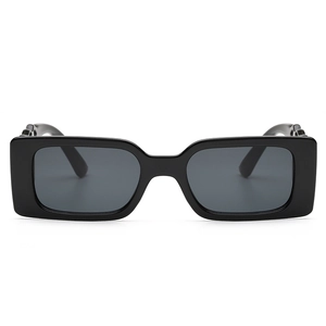 Retro black rectangular sunglasses with thick frames and dark gray lenses for a modern look