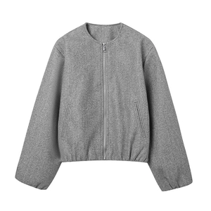 Women's grey zip-up bomber jacket with round neck and textured wool blend fabric