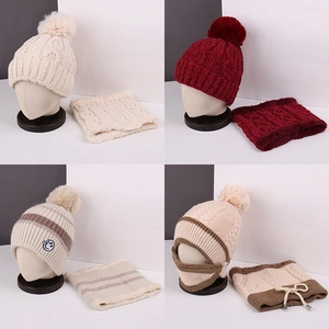 Winter plush hat and neck warmer set with faux fur pompom in four colors on models
