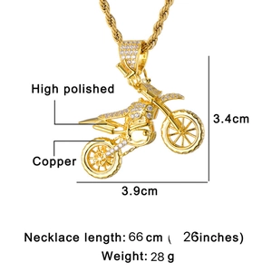 Iced out hip hop motorcycle pendant necklace in gold-plated copper with white zircon stones