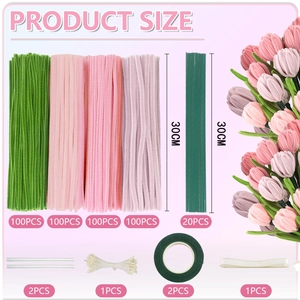 Detailed product size guide for DIY floral craft kit with pipe cleaners and wire
