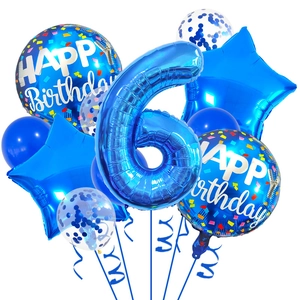 Blue number 6 balloon set with star foils and confetti balloons for birthday parties
