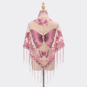 Pink sheer lace shawl with purple butterfly embroidery and sequins fringe trim