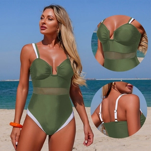Olive green one piece swimsuit for women with mesh panels and adjustable straps