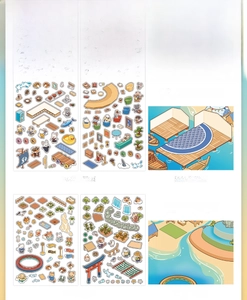 Detailed view of DIY scenery sticker set featuring Sushi Shop and Sand Fishery themes