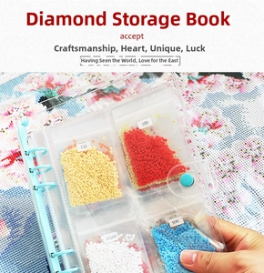 Detailed view of clear 5D diamond painting storage book with labeled sorting bags