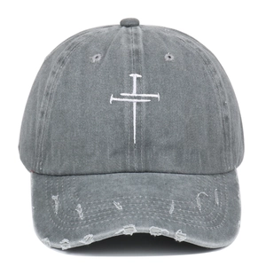 Vintage dark grey washed baseball cap with white nail cross embroidery and distressed holes