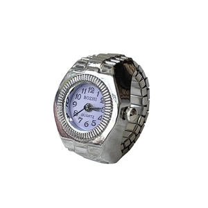 Silver quartz ring watch with white dial and flexible metal band on white background