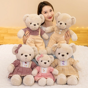 Soft Teddy Bear Plush Toy Plaid Outfit Stuffed Animal Cute Dressing Bear For Kids Girls Gift Home Decor