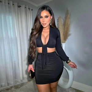 Lace Up Deep V Neck Long Sleeve Crop Top And Ruched Bodycon Mini Skirt Polyester Spandex Sexy Party Clubwear Women