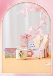 Pink tulip ceramic mug set with artificial flowers and gift bag in a gift box package