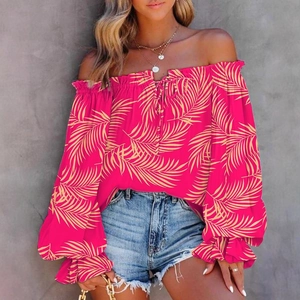 Off-shoulder flare sleeve shirt with pink and yellow palm leaf print for women