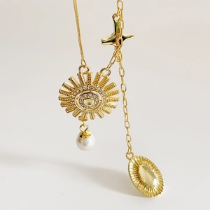 925 silver sun goddess asymmetrical chain necklace with pearl and gold finish