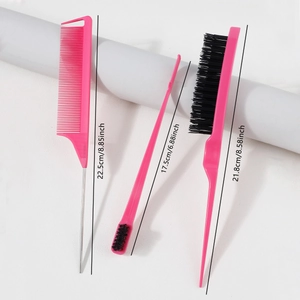 Detailed size specifications for pink hair styling set including steel pin tail combs