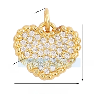 Macro shot of heart charm pendant with micro-paved zircons and 14mm size detail
